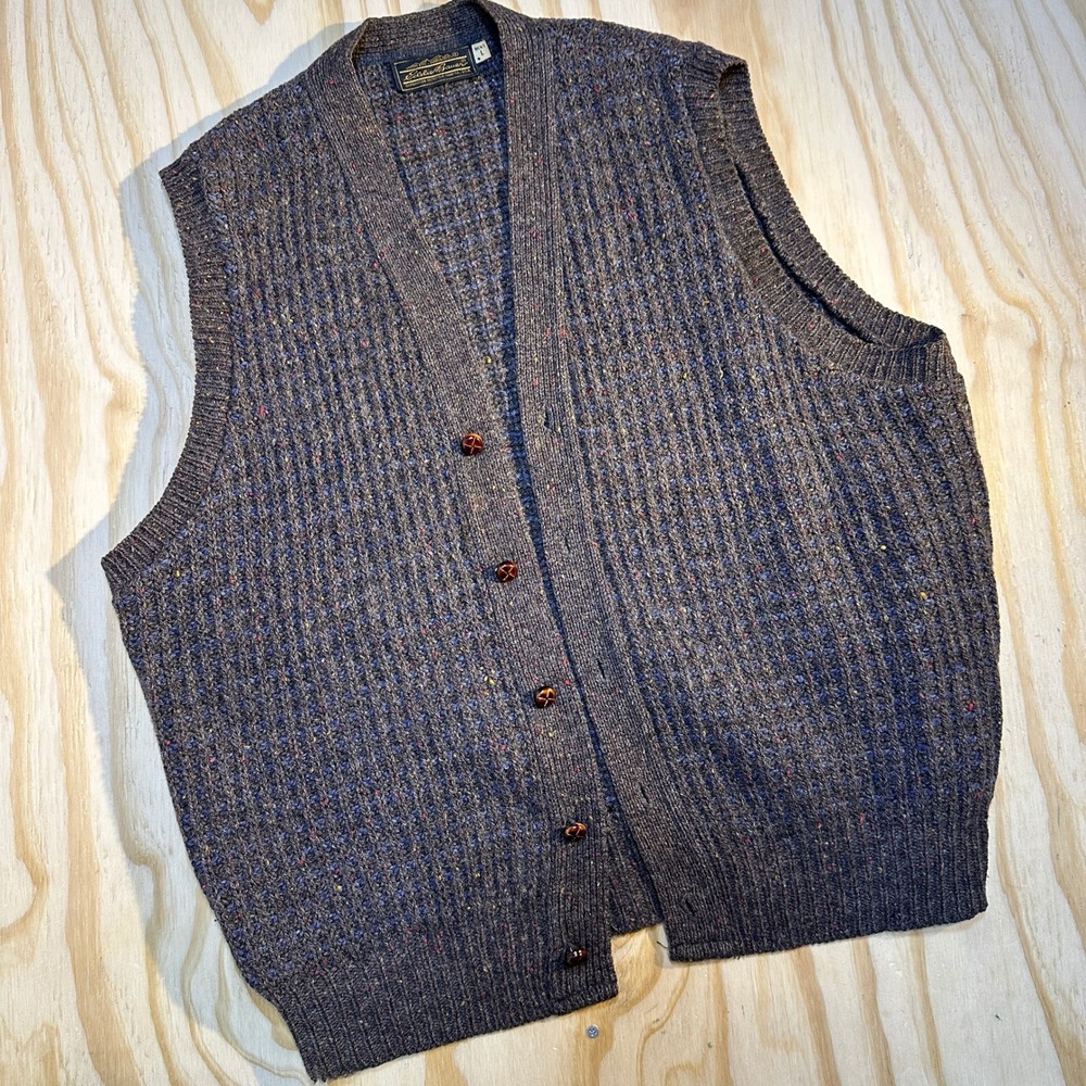 Eddie Bauer Mens Large Gray Vintage Knit Button Front Confetti Fleck Vest